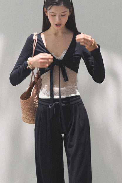 Lace-Up Top & Wide Leg Pants Set-Up