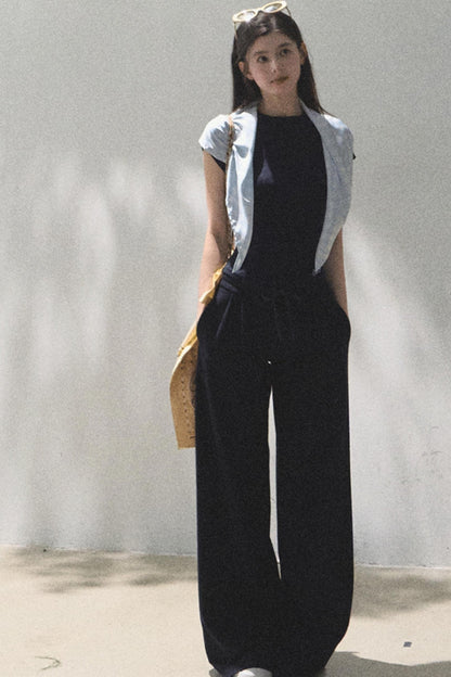 Lace-Up Top & Wide Leg Pants Set-Up