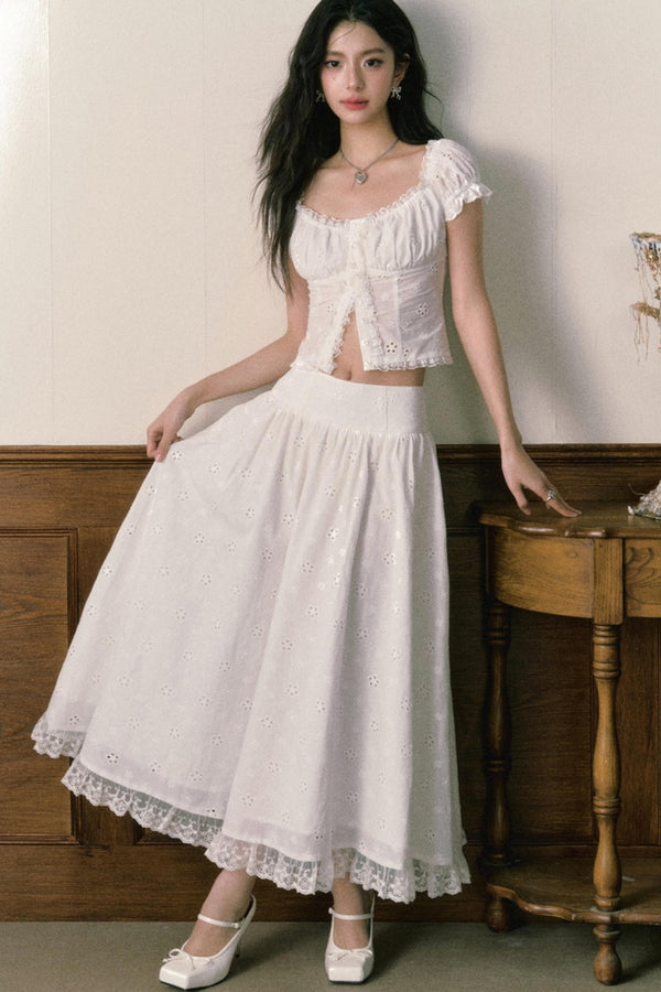 Floral Embroidered Top And Flared Skirt Set-Up