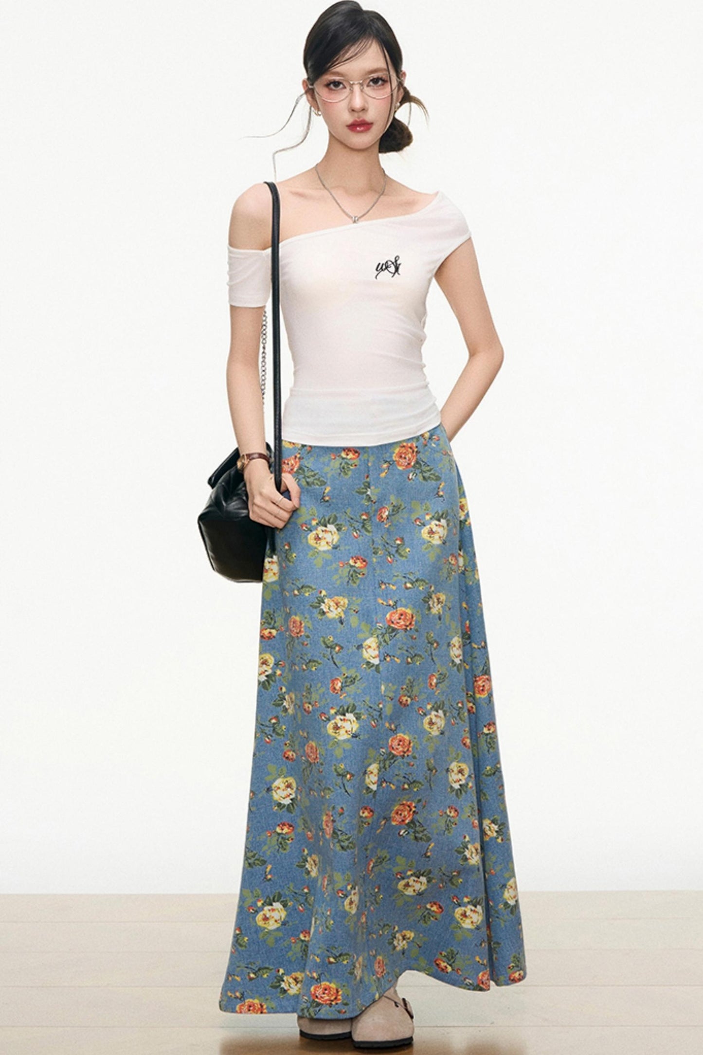 Floral Denim Skirt Set-Up