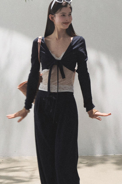 Lace-Up Top & Wide Leg Pants Set-Up