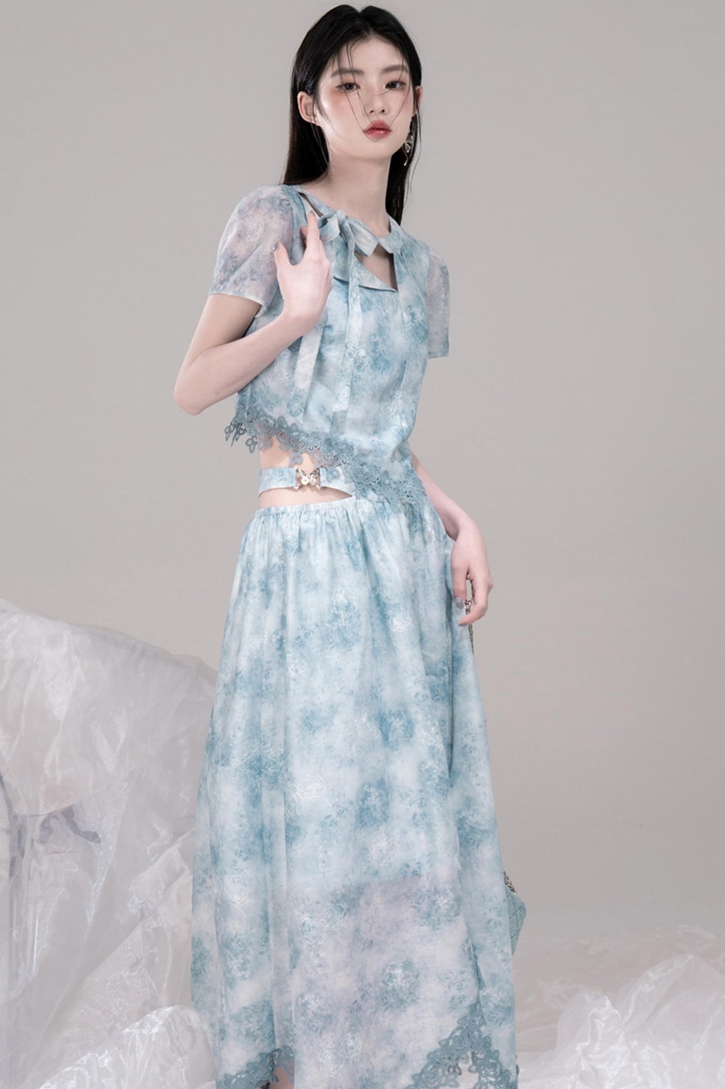 Blue Bow Waist Skirt Set-Up