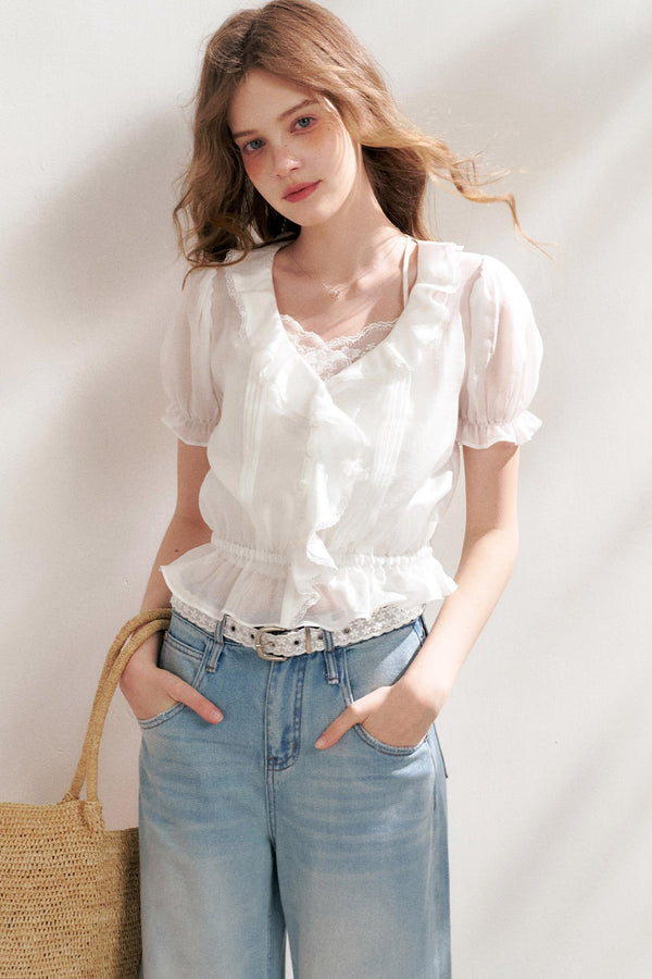 Bubble Sleeve Lace Blouse Set-Up