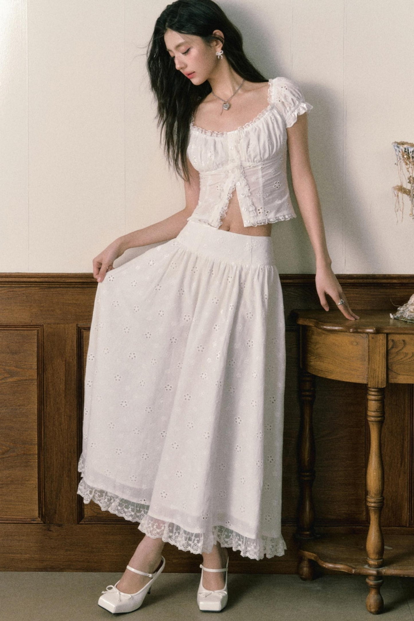 Floral Embroidered Top And Flared Skirt Set-Up