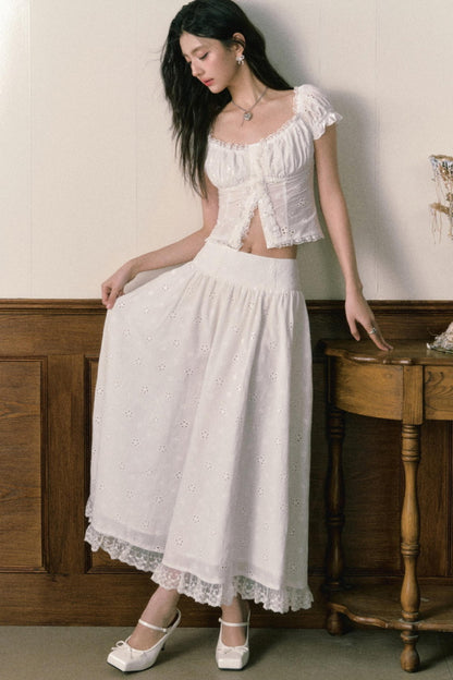 Floral Embroidered Top And Flared Skirt Set-Up