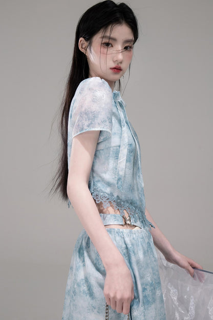 Blue Bow Waist Skirt Set-Up