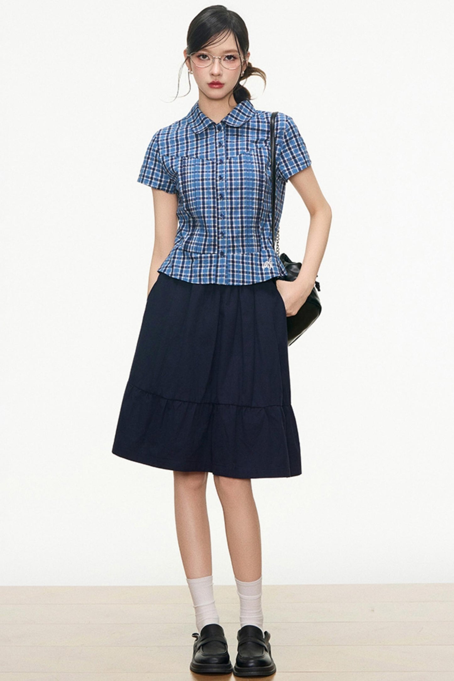 Checked Navy Skirt Shirt Set-Up