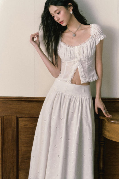 Floral Embroidered Top And Flared Skirt Set-Up