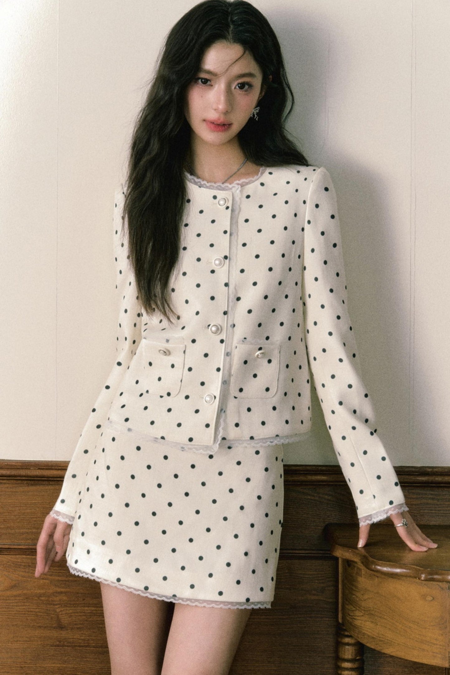 Beige Polka Dot Lace Ensemble Cardigan Set-Up