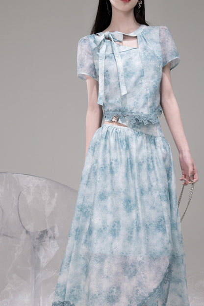 Blue Bow Waist Skirt Set-Up