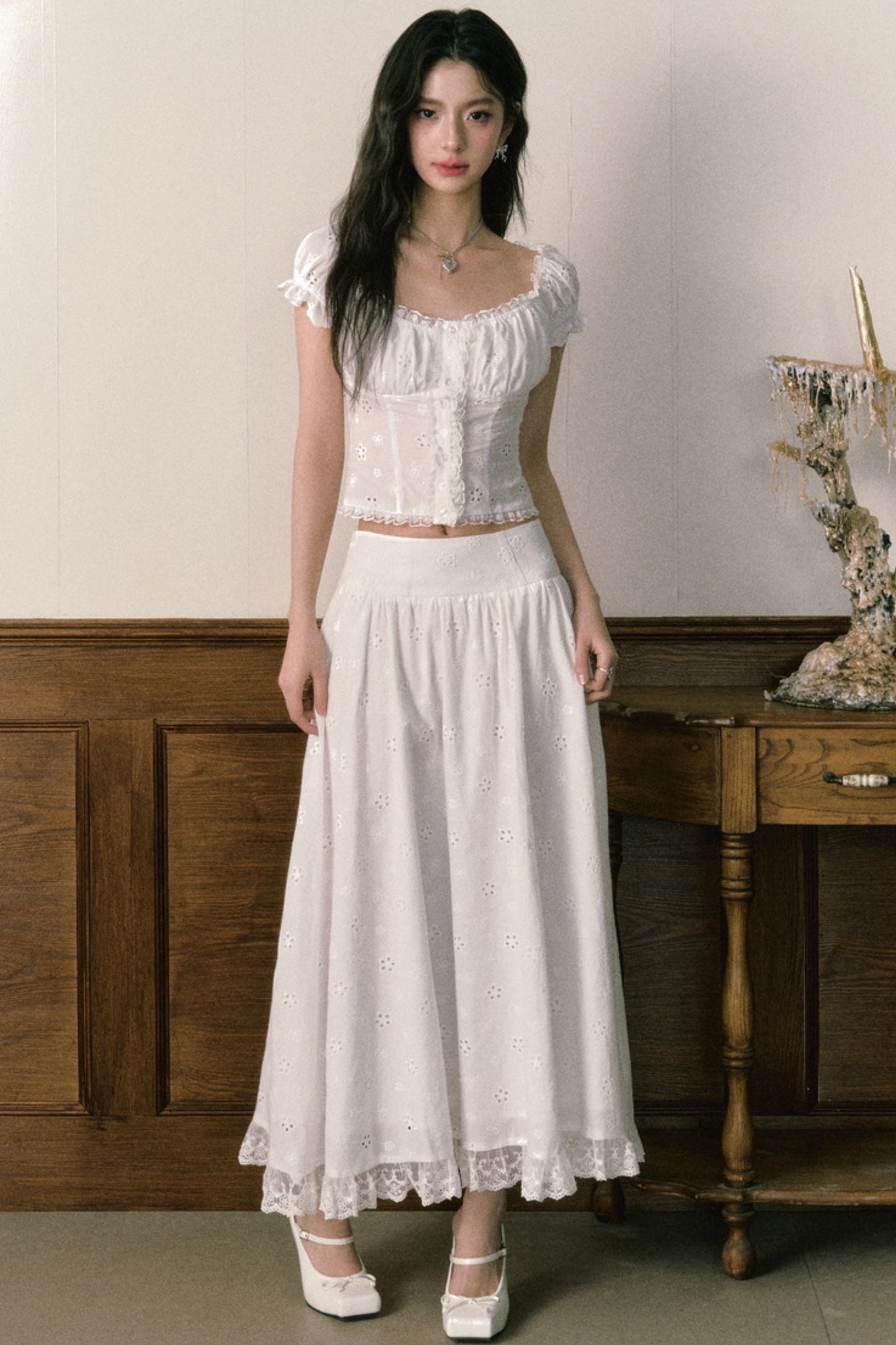Floral Embroidered Top And Flared Skirt Set-Up