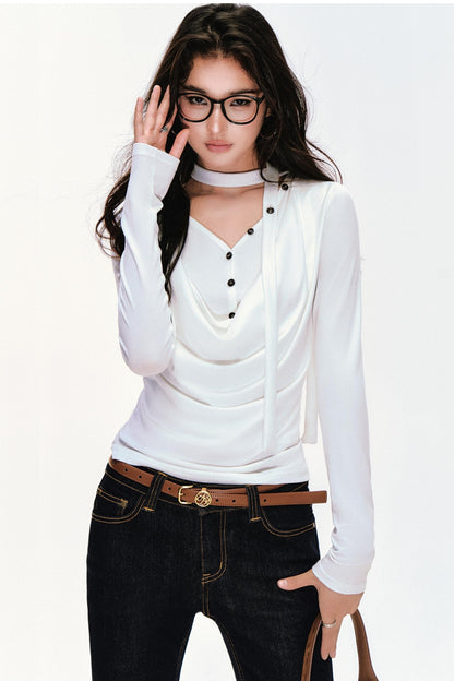 Swing Neck Long Sleeve Button-Down Top