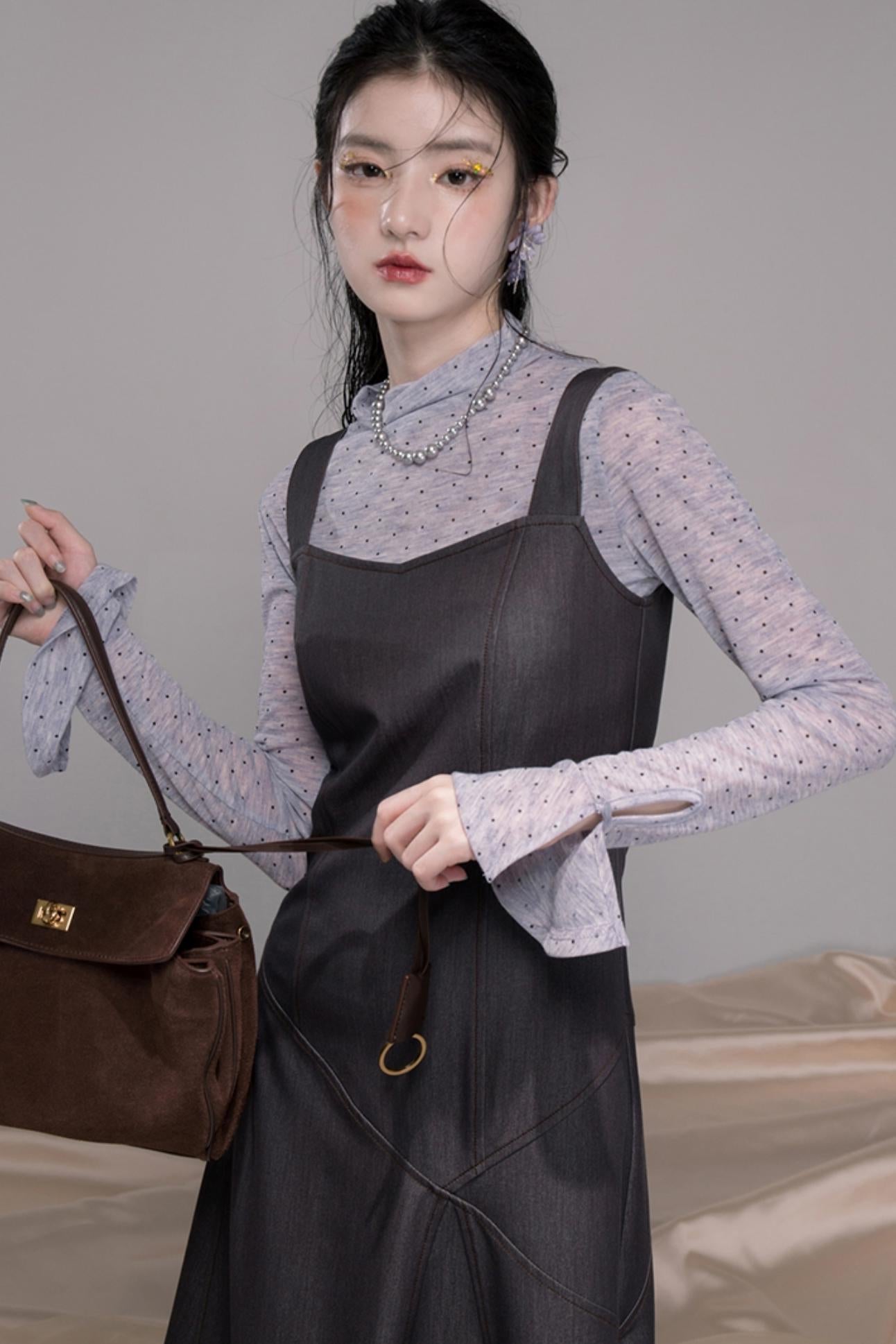 Twilight Gray Polka Dot Bib Dress Set