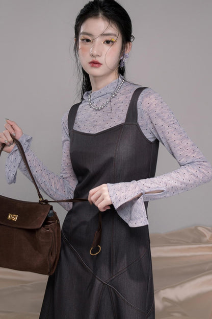 Twilight Gray Polka Dot Bib Dress Set