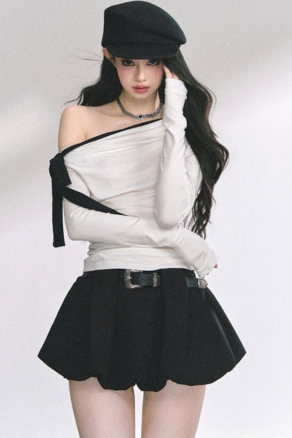 Swirl Waist Slimming Black Top