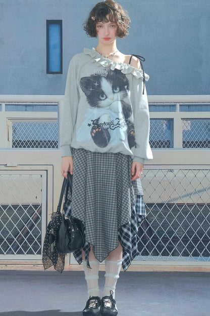 Cat Print Lazy Style Sweatshirt