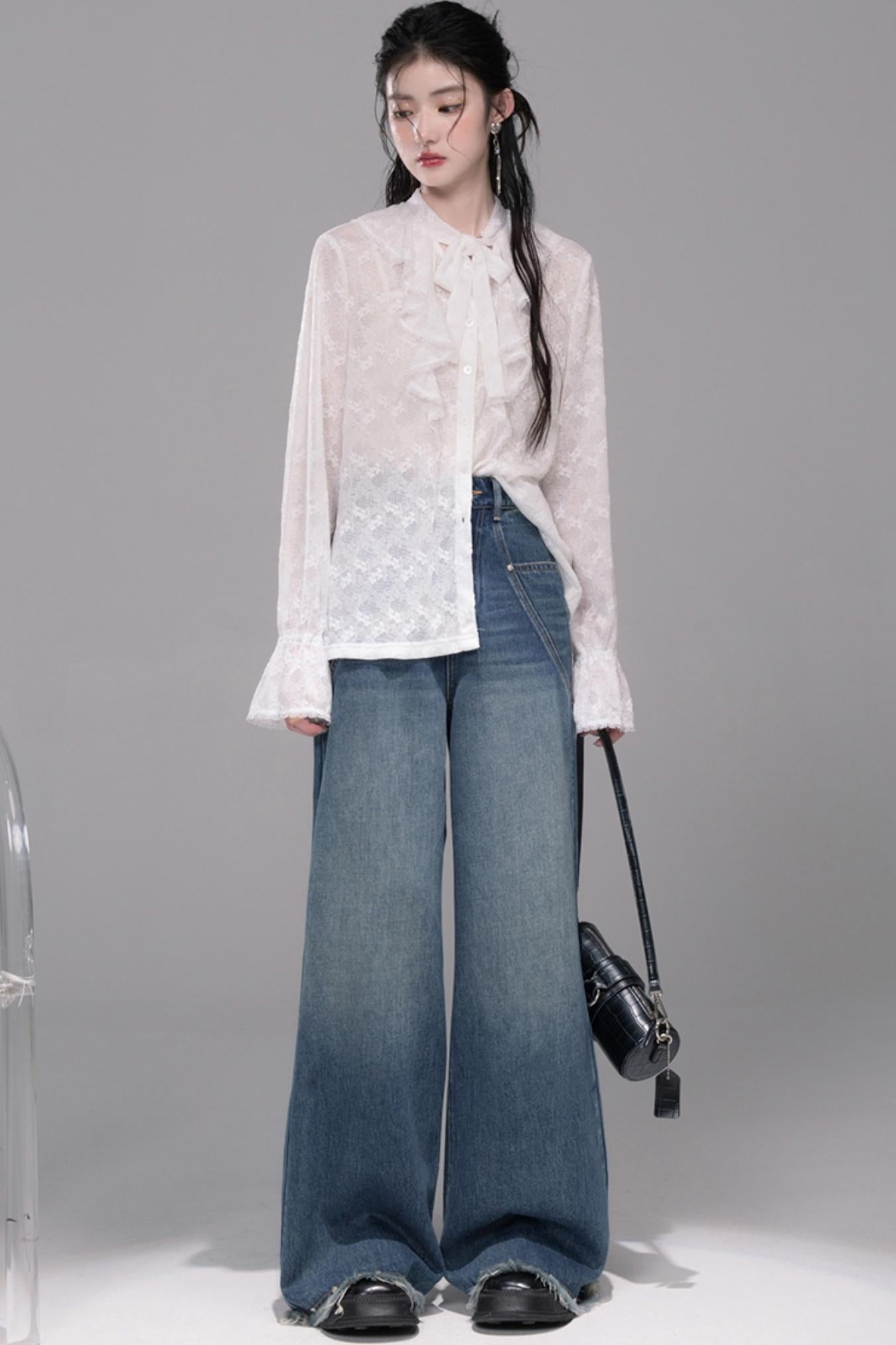 Blue Washed Wide-Leg Jeans