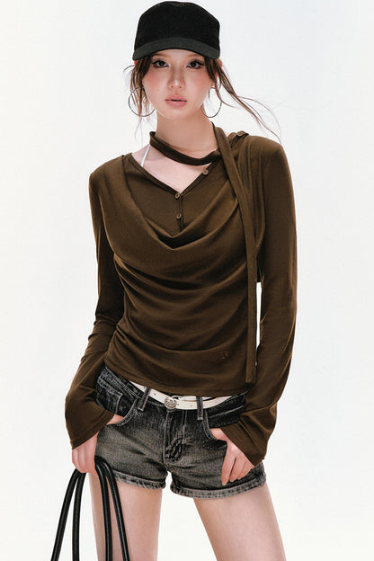 Swing Neck Long Sleeve Button-Down Top