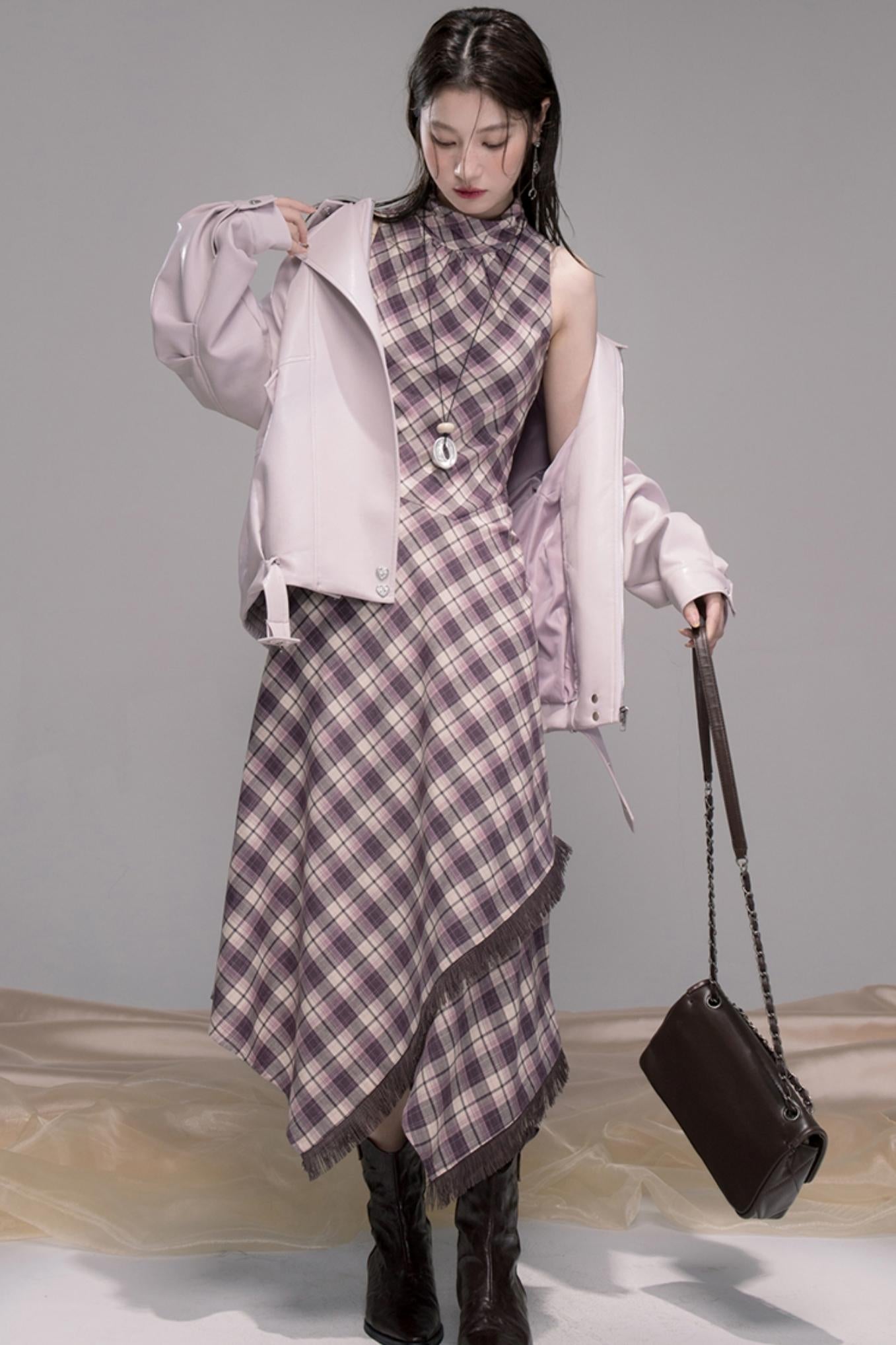 Dark Night Purple Plaid Fringe Dress