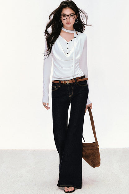 Swing Neck Long Sleeve Button-Down Top