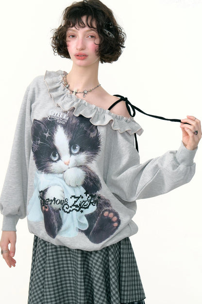 Cat Print Lazy Style Sweatshirt