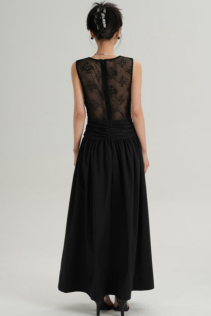 V-Neck Slim Pleated Lace Dress