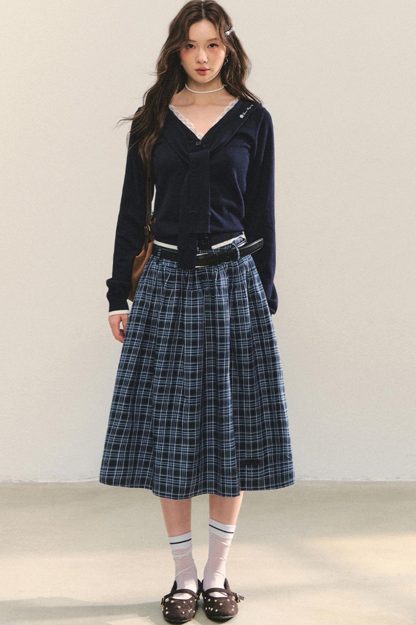 Checkered High Waist Flare Skirt