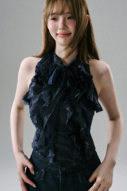 Slim Fit Ruffled Lace Halter Top
