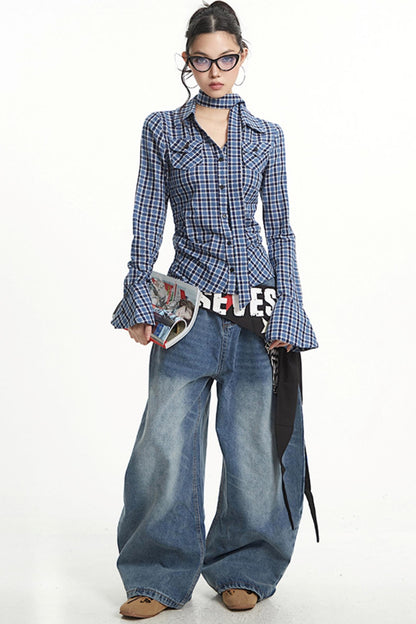 Vintage Pleated Slim Waist Shirt