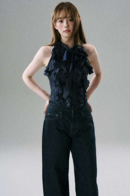 Slim Fit Ruffled Lace Halter Top