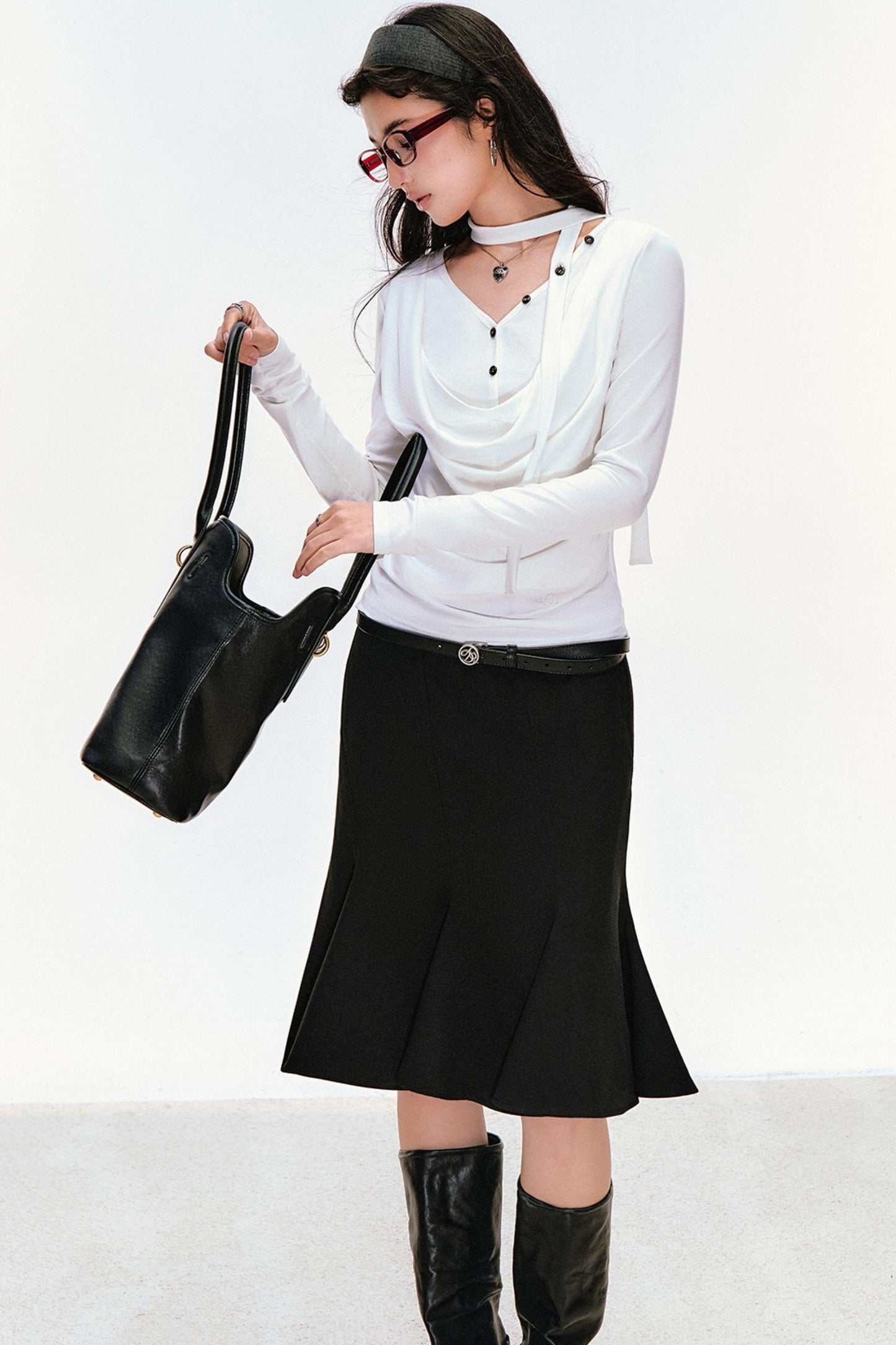 Swing Neck Long Sleeve Button-Down Top