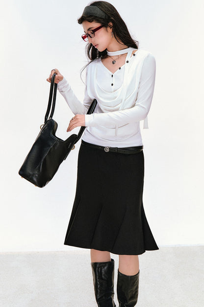 Swing Neck Long Sleeve Button-Down Top