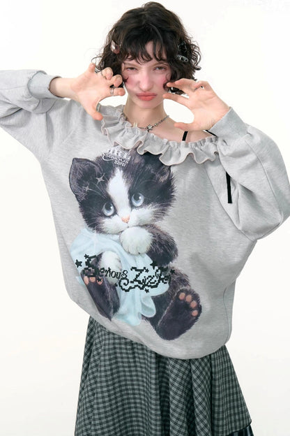 Cat Print Lazy Style Sweatshirt