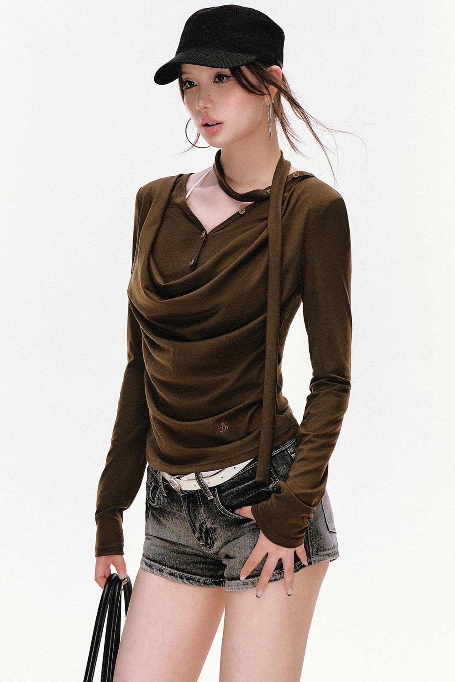 Swing Neck Long Sleeve Button-Down Top