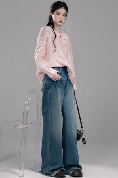 Blue Washed Wide-Leg Jeans