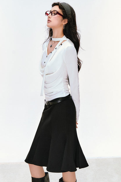 Swing Neck Long Sleeve Button-Down Top