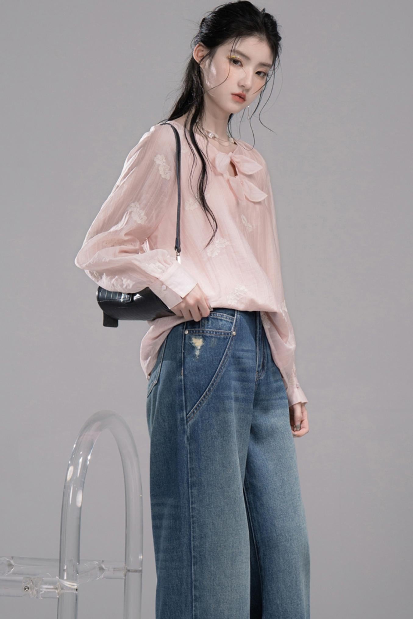 Blue Washed Wide-Leg Jeans