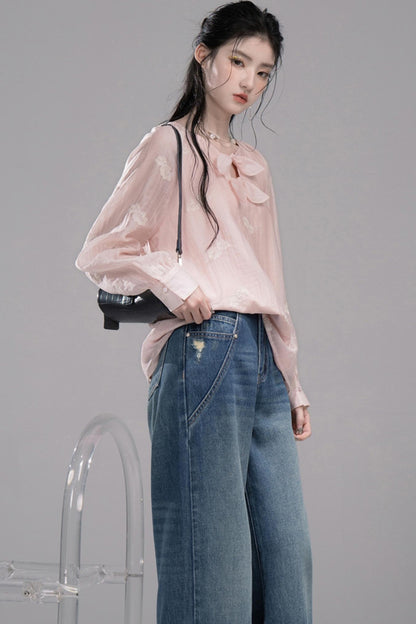 Blue Washed Wide-Leg Jeans