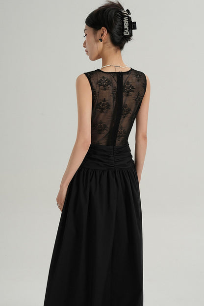 V-Neck Slim Pleated Lace Dress