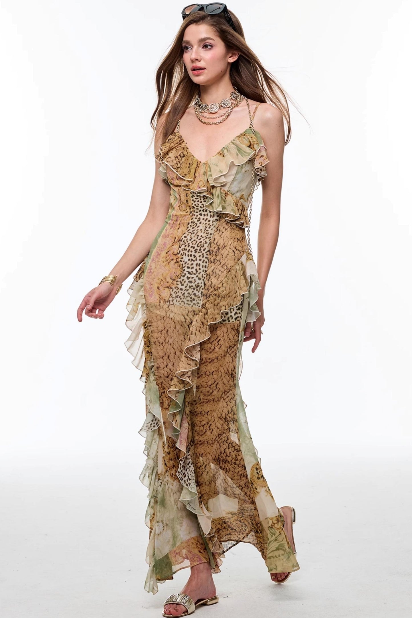 Leopard Pleats Slim Dress