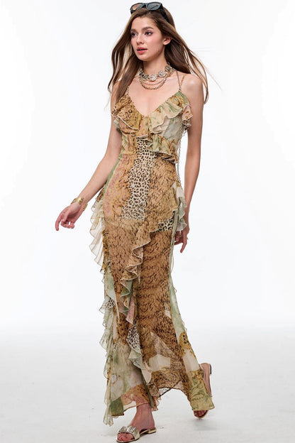 Leopard Pleats Slim Dress