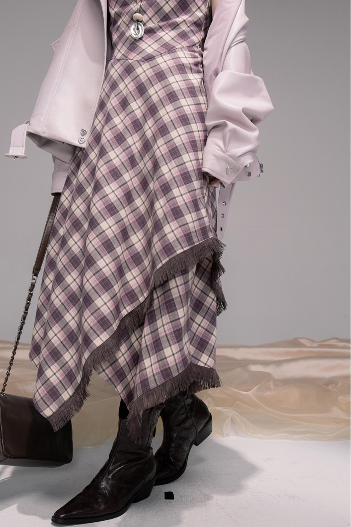 Dark Night Purple Plaid Fringe Dress