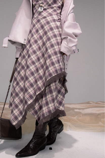 Dark Night Purple Plaid Fringe Dress