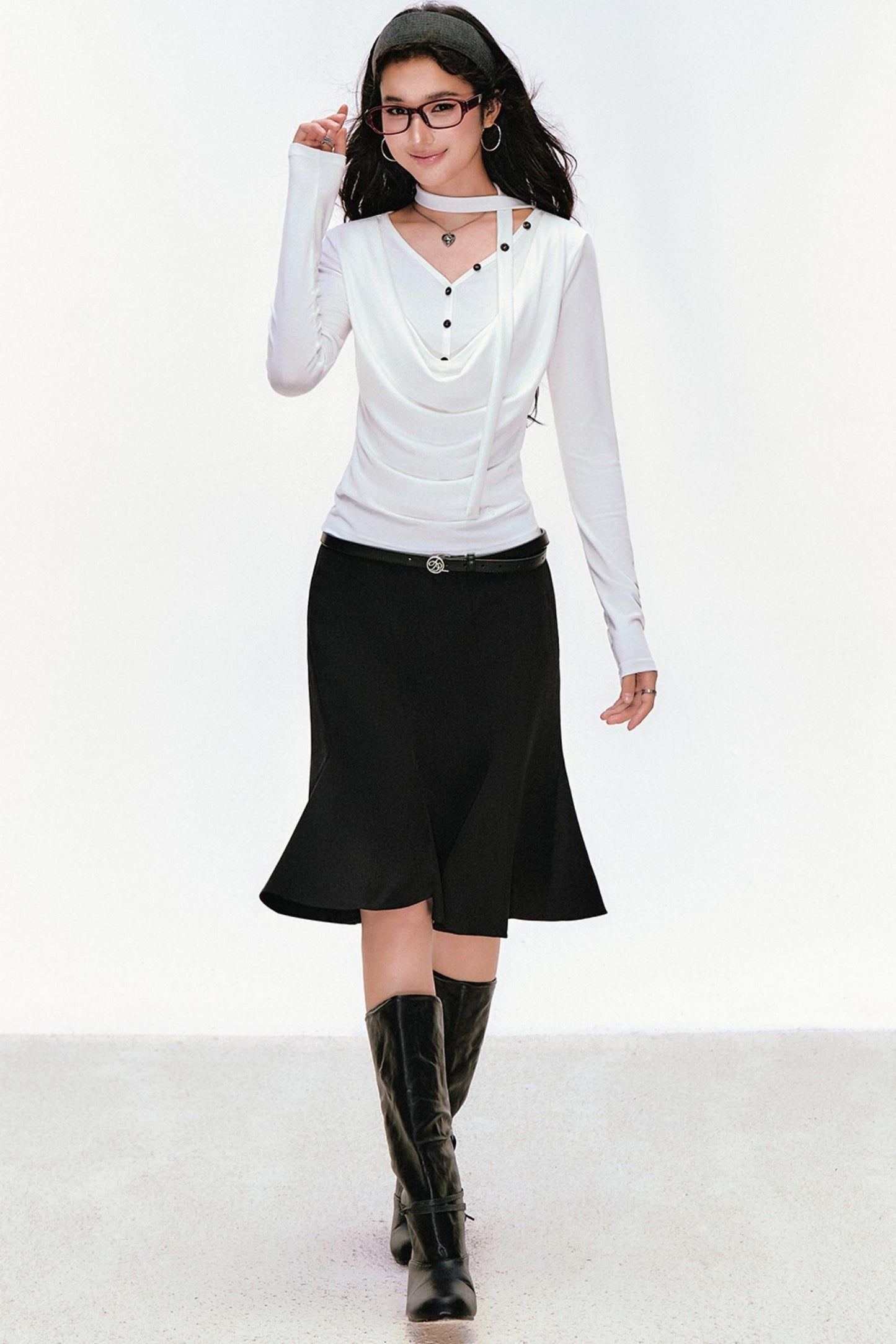 Swing Neck Long Sleeve Button-Down Top