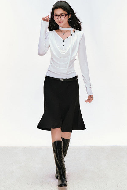 Swing Neck Long Sleeve Button-Down Top