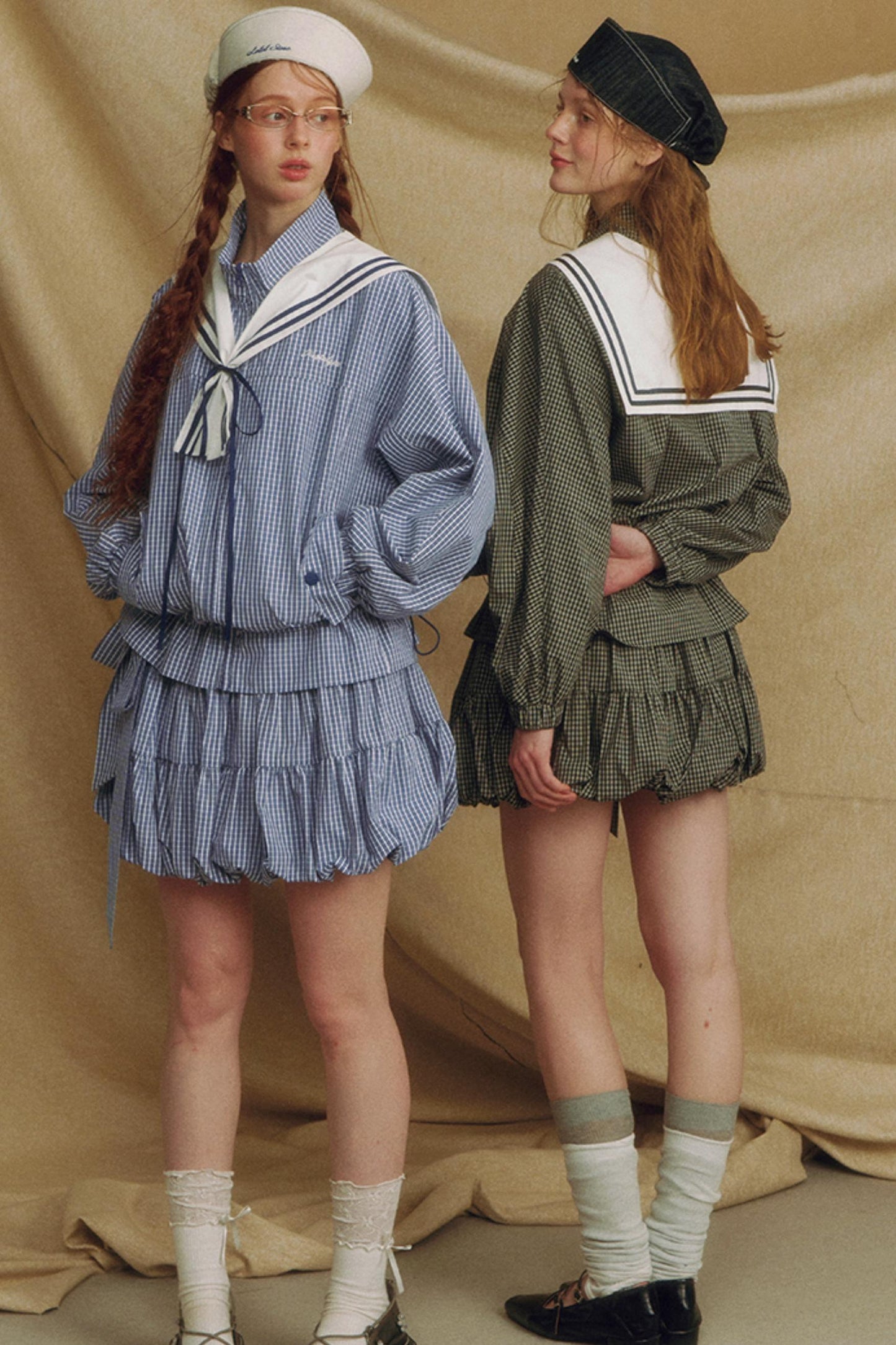 Navy Collar Plaid Jacket Set-Up