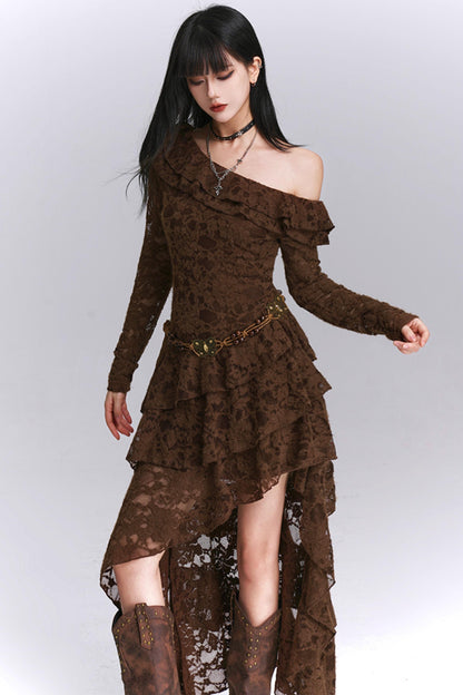 Irregular Brown Lace Off-Shoulder Dress