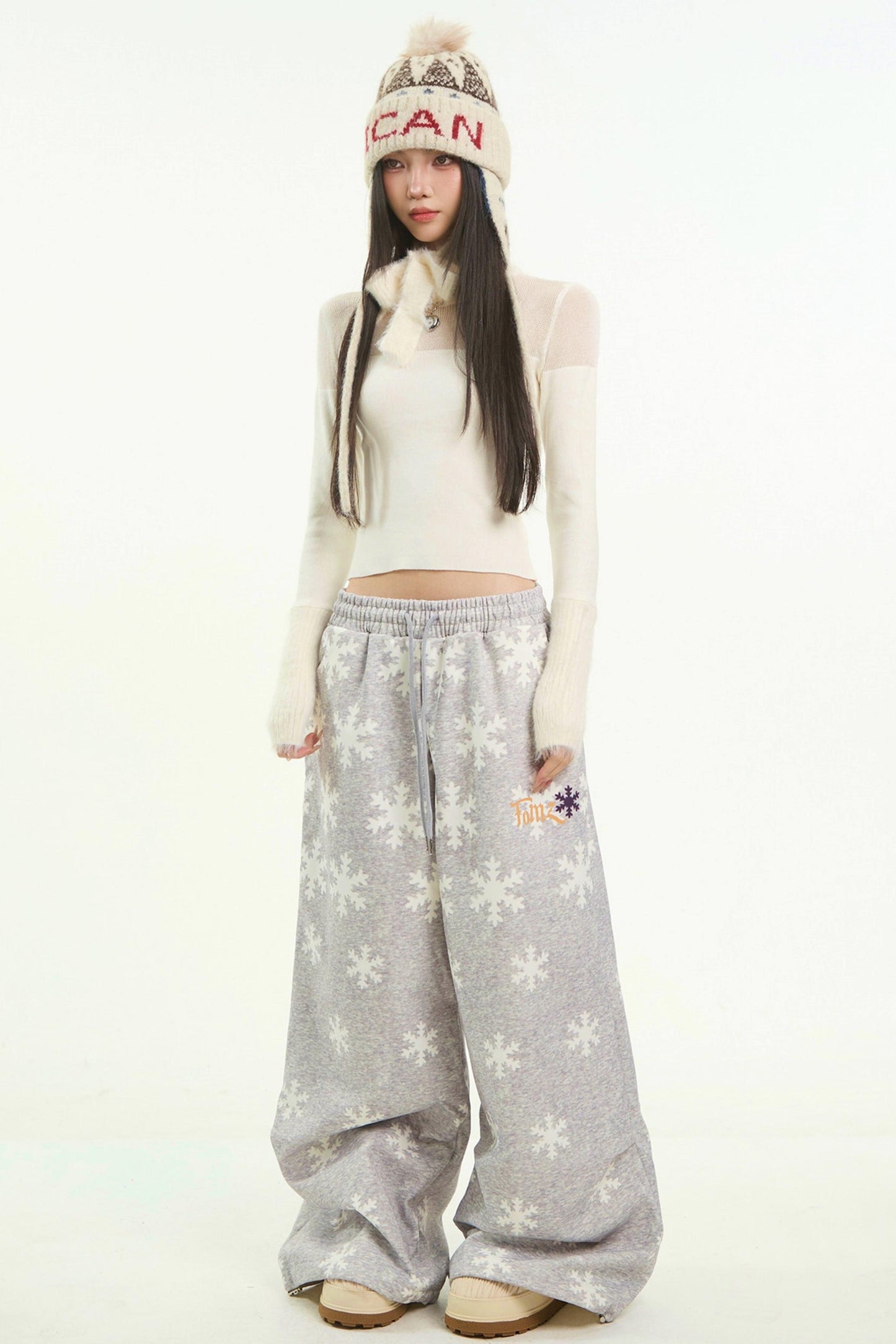 Gray Snowflake Wide-Leg Pants