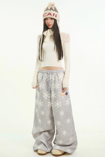 Gray Snowflake Wide-Leg Pants