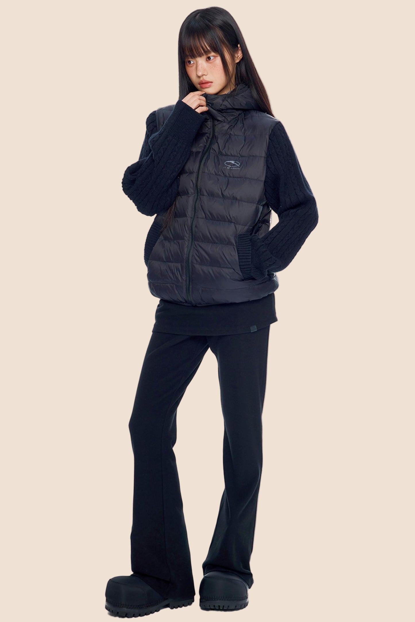 Rib-Knit Hooded Down Jacket